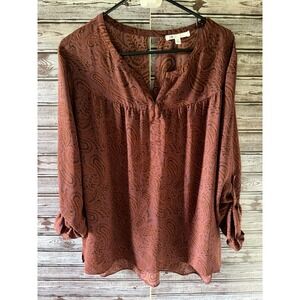 DR2 Women's Long-Sleeved Blouse Size XXL Burgundy Rust V-Neck Tab Sleeves Cutout